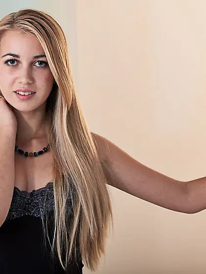 Teen with gorgeous feet and pussy takes off her sexy black linge