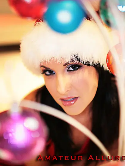 Brunette in Christmas outfit Gerri Allure is kinky enough to suc