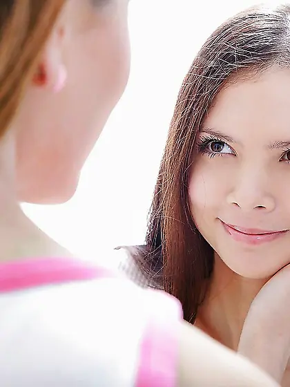 Girl touches bestie neck thus turning her on planning to fuck to