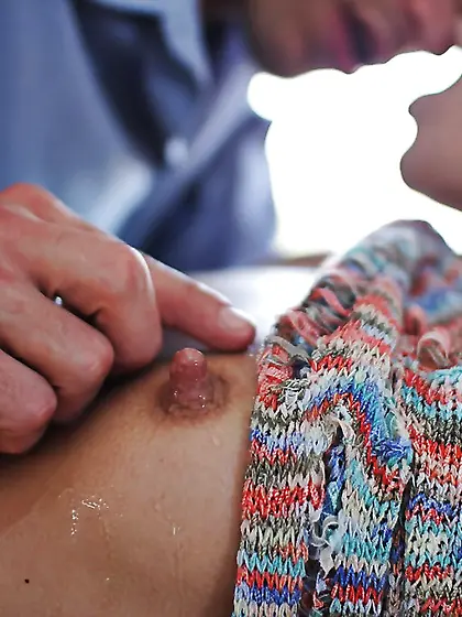 Slender blonde milf small tits