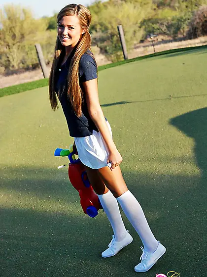 Shaved pussy girl Craving Carmen in white mini skirt plays with