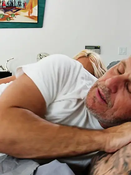 Bimbo cheats on the husband with a BWC while he is asleep