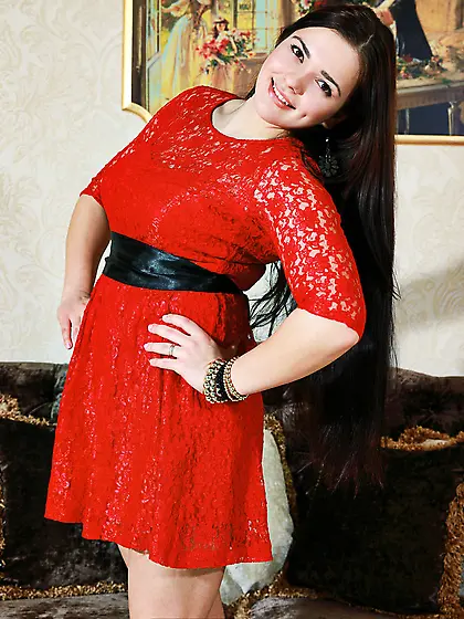 Red dress brunette strips naked to entice you with her curves Vi