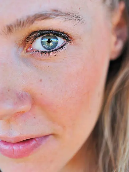 Naughty brown haired girl Mysti May gives a close-up view of her