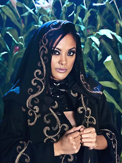 Raunchy black haired gal with three perky titties rides on a rau