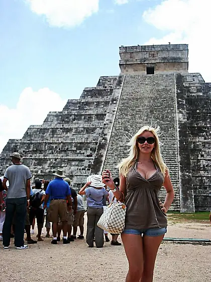 TS Ana pops her big tits out at Chichen Itza