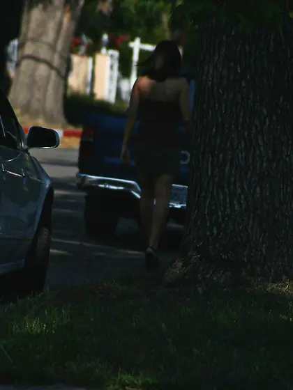 Busty brunette was taking a walk when a hot chick in tight jeans