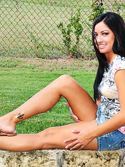 Playful latina Cierra Spice in short jean skirt shows her sexy a