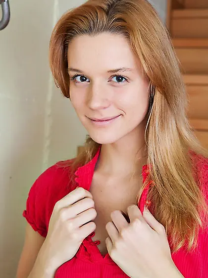 Blonde Ami Nubiles strips on the stairs and rubs clit until the