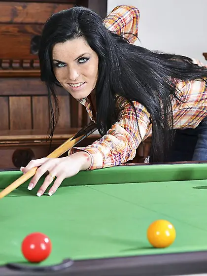 Brunette babe Eileen Nubiles gets nude on pool table and fingers