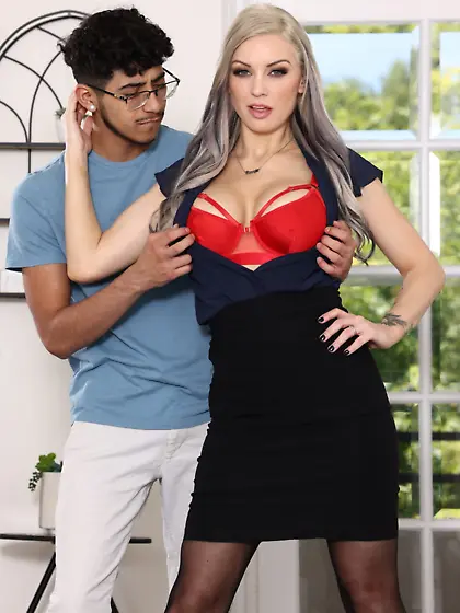 Blonde hottie in sexy red lingerie fucks her son-in-law on the c