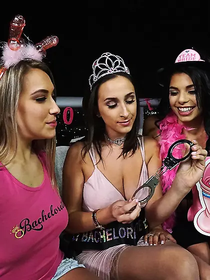 Slutty teen girlfriends sharing double-sided dildos and stripper