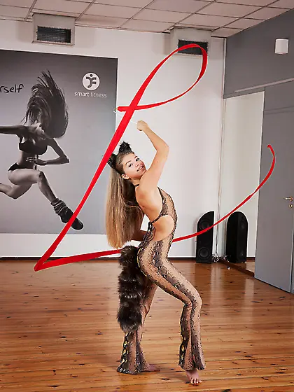 Cat ears gymnast blonde does her routine while completely naked