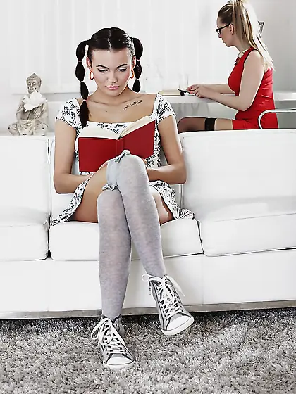 Girl with flat figure moans while bossy student is nailing her s