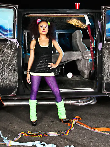 Sweet Asian groupie fucks with two horny glam rock stars and get