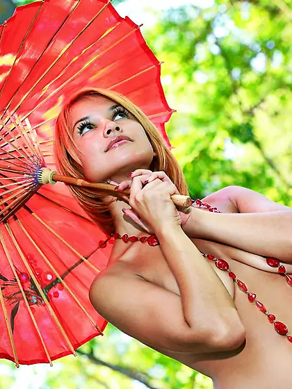 Salacious nudie Violla A sexily poses naked with only red opaque