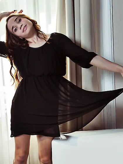 Black dress teen showing her trimmed pussy up close and seducing