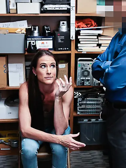 Dame with sexy tits gives it to a store employee