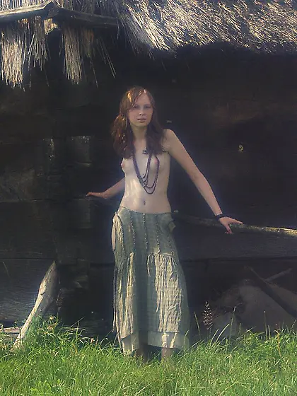 Katya B takes her green skirt outdoors in the country and shows