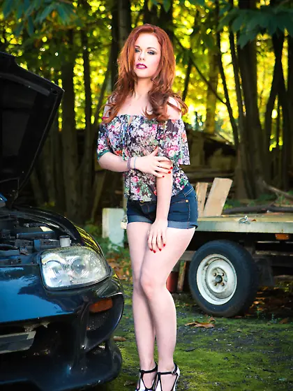 Pale redhead has car trouble,  gets fucked in the middle of nowhe