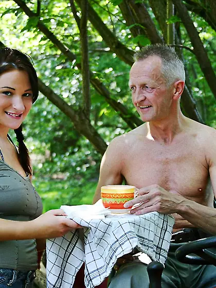 Busty teen brunette banged by old gardener