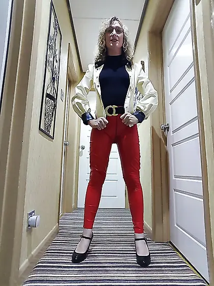 White latex jacket and red latex trousers
