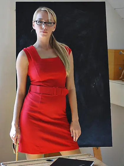 Horny blonde teacher Hayley-Marie Coppin strips her red dress an