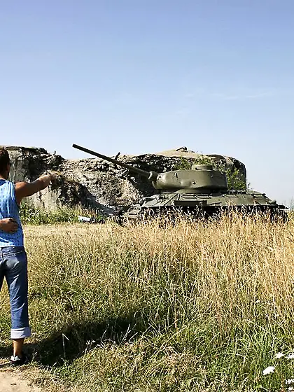 Blonde stud blue shirt