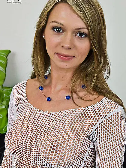 Sandra Sin in tiny blue jean skirt removes her panties to show h