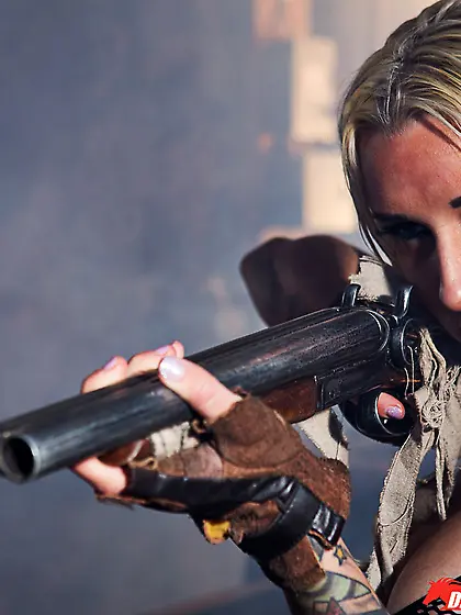 Leggy blonde with big tits and blue eyes fucked by a Mad Max typ