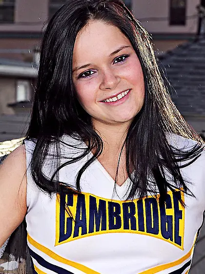 Tiny titted cheerleader Jenna Ross with bald pussy removes her u