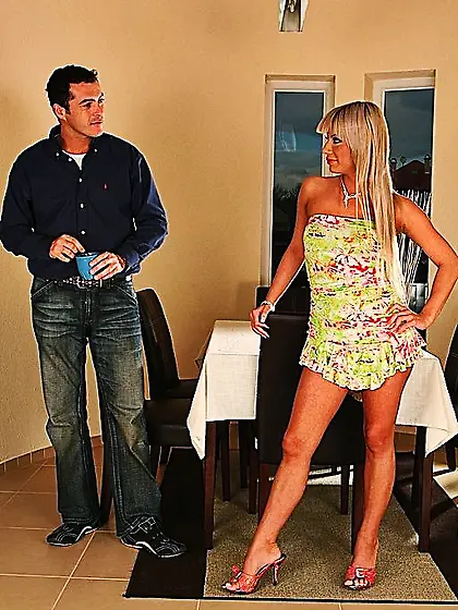 Adorable leggy blonde Sandra Parker takes it in her mouth and up