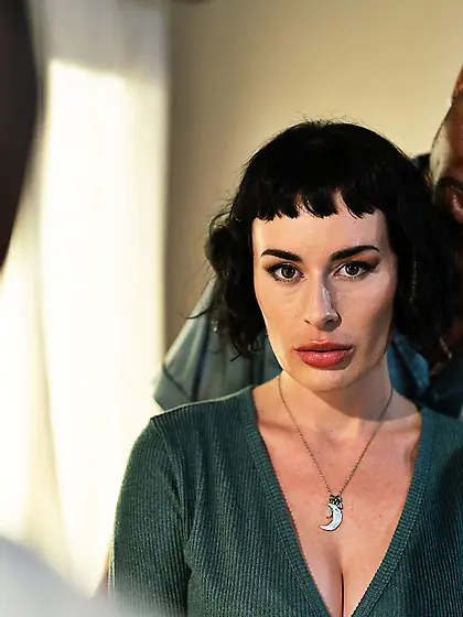 Olive Glass takes cum on her natural tits after servicing big bl