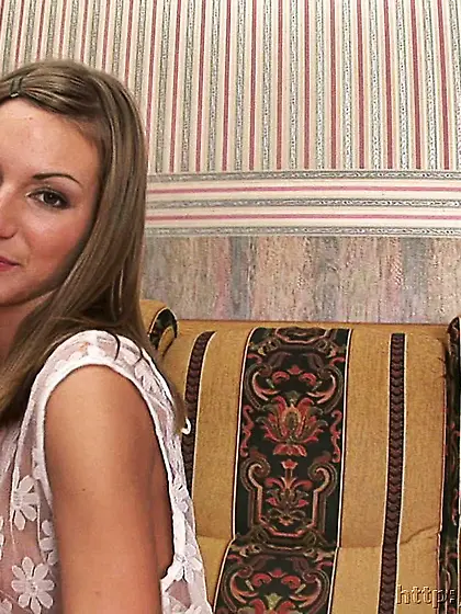 Russian teen blonde plays with panties and rubs her shaved