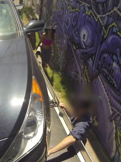 Two big booty babes fucking a hung guy in the backseat of his ca