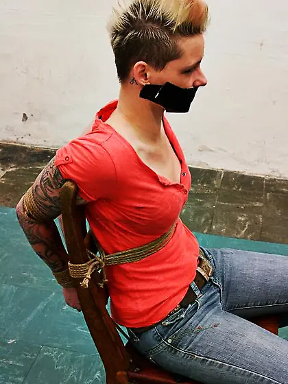 Short-haired chick red t-shirt