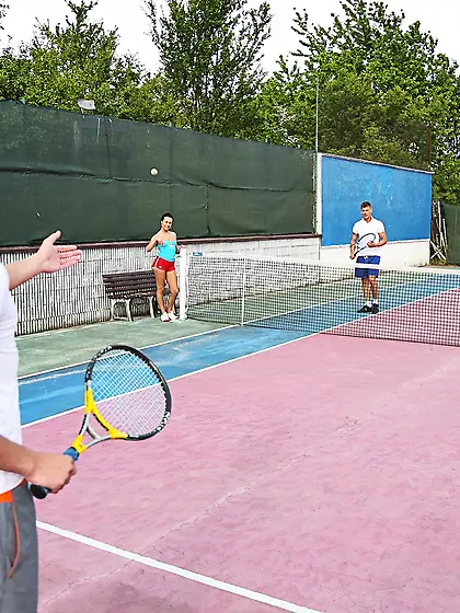 Brunette babe with small tits interrupting the tennis match