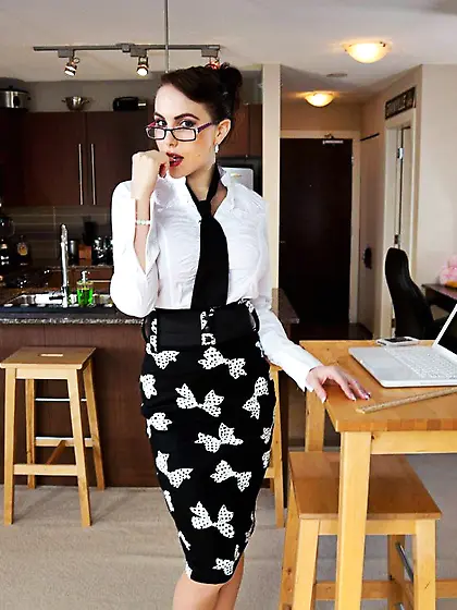 Big boobed business lady Katie Banks strips down to her sexy red