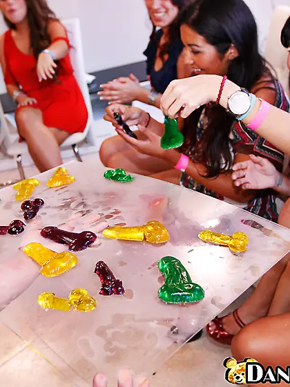 Sexed-up party babes end up sucking the stripper's massive