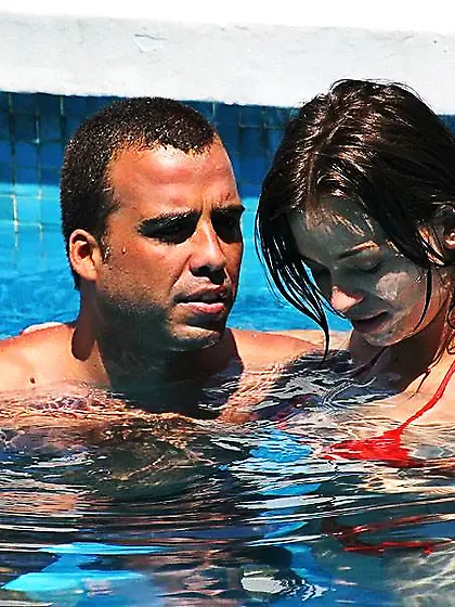 Red bikini brunette sucking cock and getting fucked outdoors