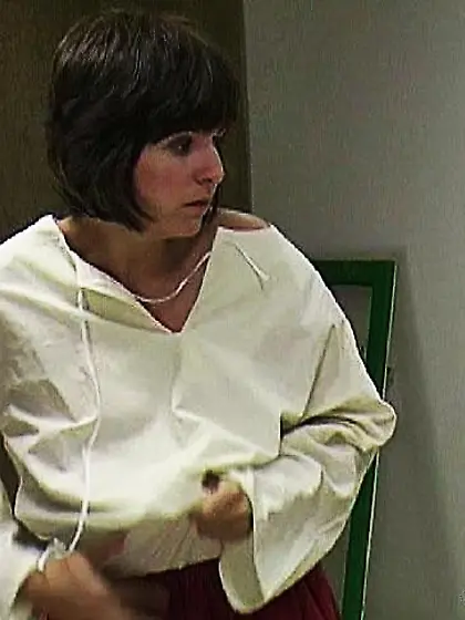 Scared short-haired brunette tied