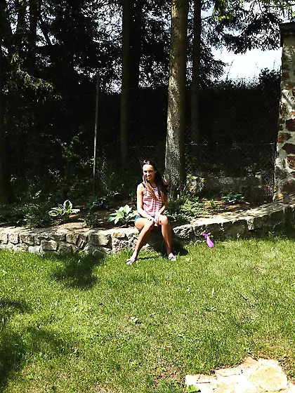 Slim petite brunette Gina Devine sticks a carrot up her slit in