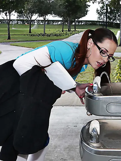 Cute teen wears glasses and sneaks up on a perverted DILF