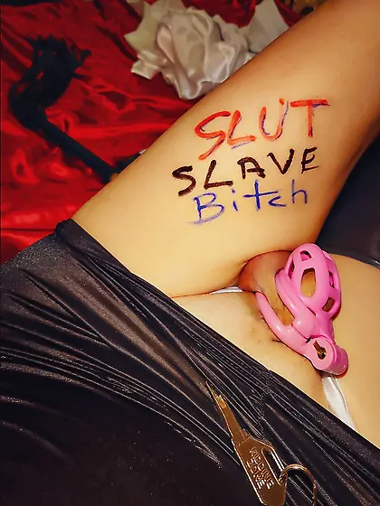 Slutty slave bitchboy in pink chastity and fucking