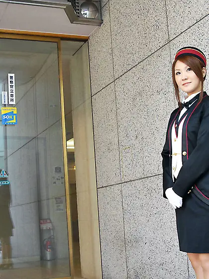 Uniform girl Riri Idols lifts skirt up and stretches the long st