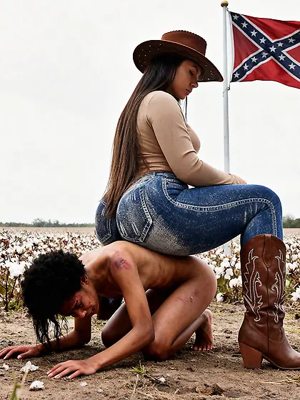 Confederate cowgirl sits on nigger in cotton field