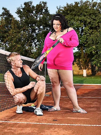 Brunette fatty pink dress