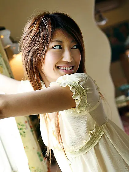 Cutie babe Yu Santome is excitingly taking off her cute dress an