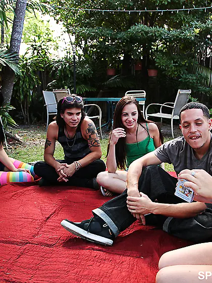 Hot coupled trio fucking on grass after games