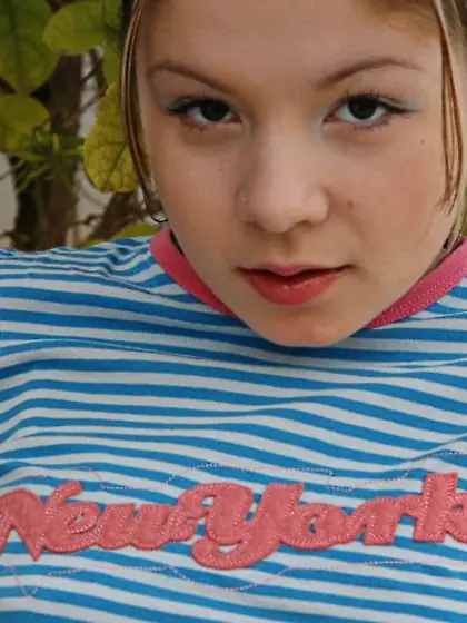 Cute blonde teen Emily 18 takes off her blue jeans and shows her